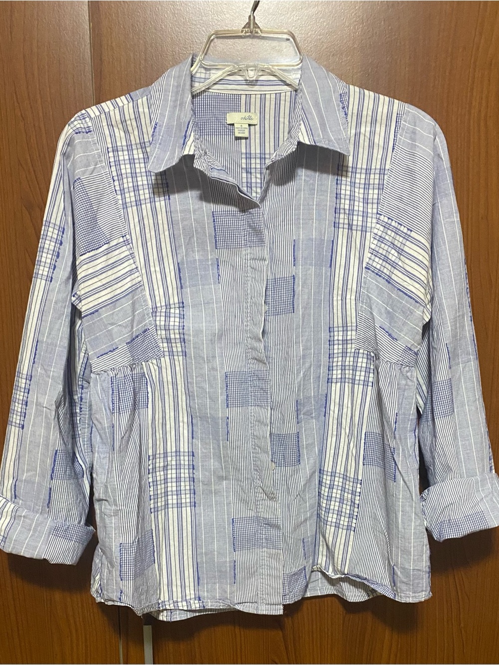 Odille Anthropologie Blue White Patchwork Stripe Button Front Blouse Shirt Small